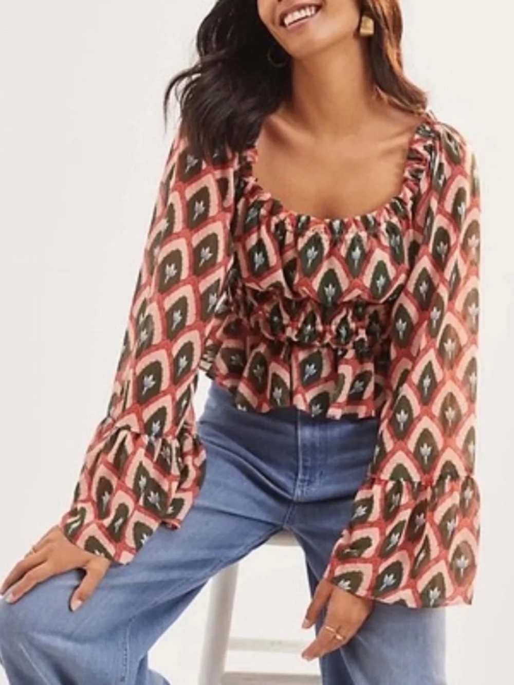 Hutch Smocked Puff Sleeve Cropped Blouse | Size Medium